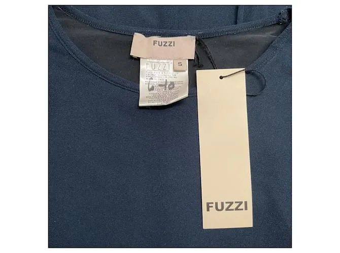Autre Marque Vestido Fuzzi azul marino sin mangas con ribete de cuero negro 