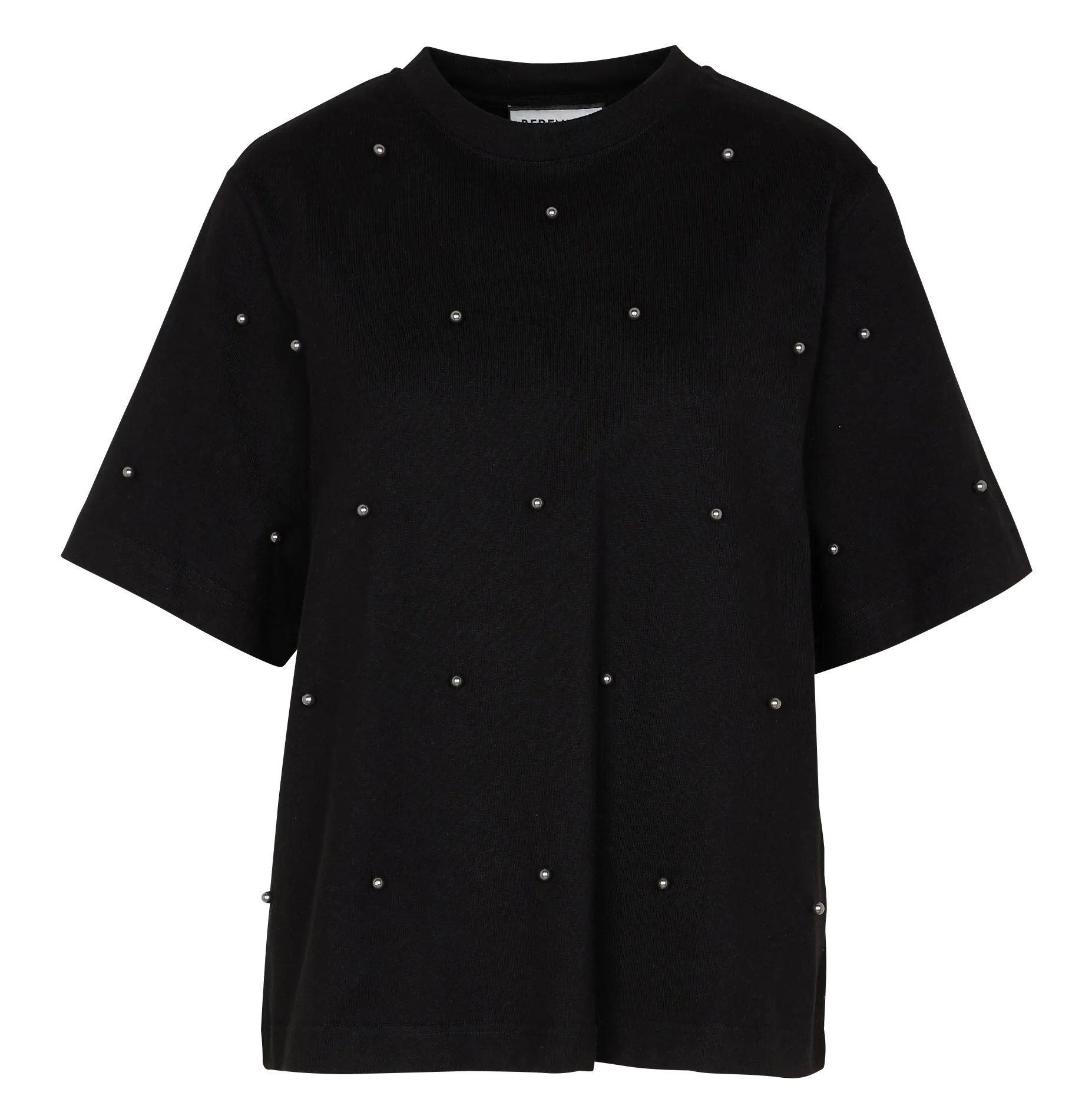 BERENICE ENZO - Camiseta recta con perlas de algodón en negro