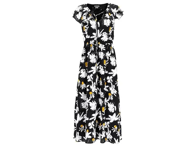 Jason Wu Vestido midi con volantes y cuello en V en seda negra Negro 