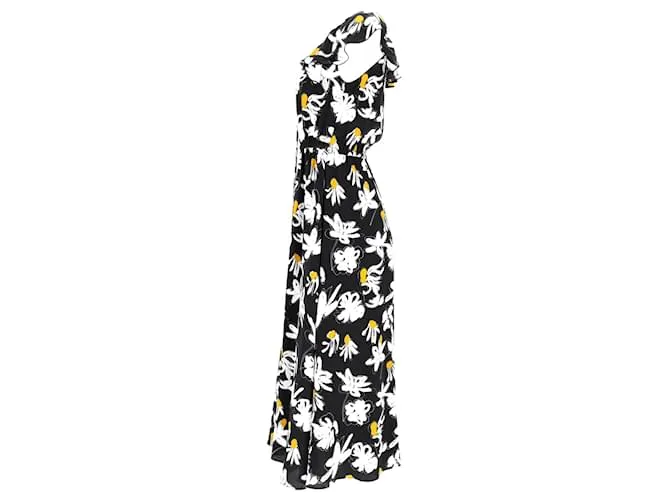 Jason Wu Vestido midi con volantes y cuello en V en seda negra Negro 